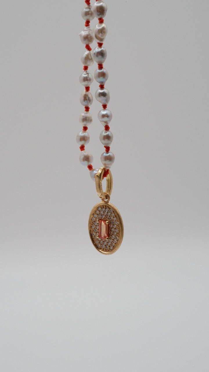 Detachable Orange Sapphire Pave Charm with Pearl Bead Necklace