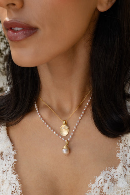 Yellow Gold and White Diamond Tag and Pavé Charm Necklace
