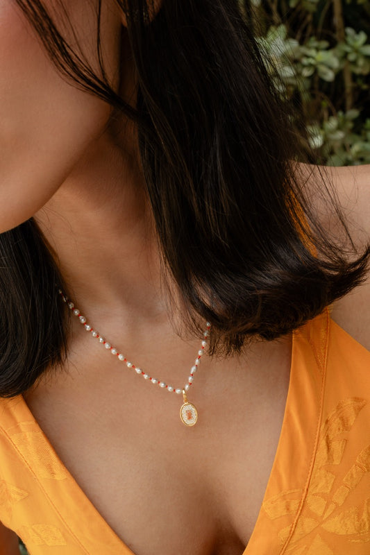 Detachable Orange Sapphire Pave Charm with Pearl Bead Necklace