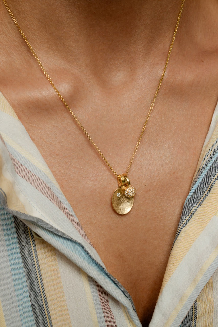 Yellow Gold and White Diamond Tag and Pavé Charm Necklace