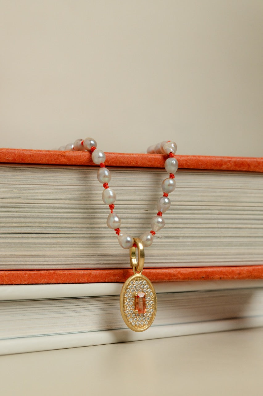 Detachable Orange Sapphire Pave Charm with Pearl Bead Necklace