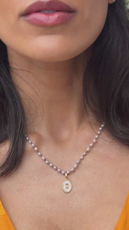 Detachable Orange Sapphire Pave Charm with Pearl Bead Necklace